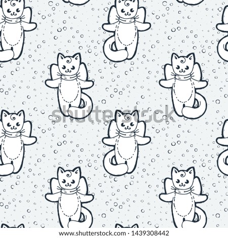 Seamless cute pattern. Cat with bow. Cartoon hand drawn vector illustration. Nice for t-shirt print, kids wear fashion design, clip-art, baby shower invitation cards