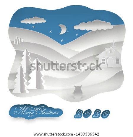 Winter snow-capped mountains with clouds and a house, which is watched by an owl.