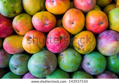 Close up view of ripe Florida mangoes. Royalty-Free Stock Photo #143937550