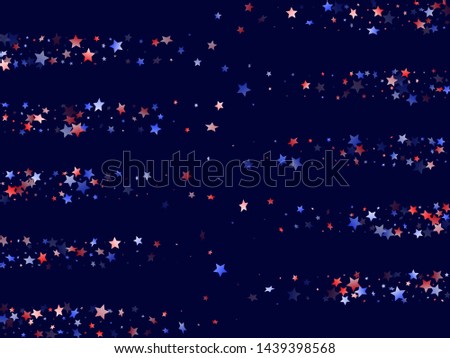 American Patriot Day stars background. Holiday confetti in US flag colors for President Day.  Bright red blue white stars on dark American patriotic vector. 4th of July stardust scatter.