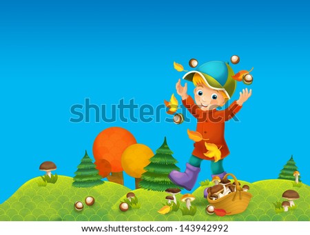 The child in the wood - mushrooming - or autumn illustration