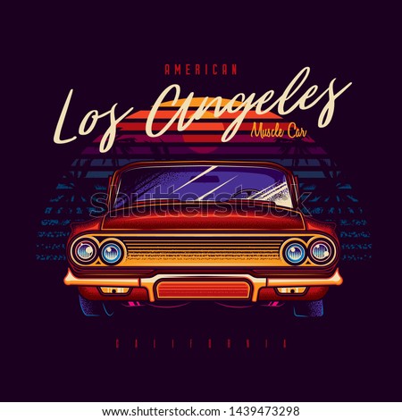 Original vector illustration in neon style. Retro convertible against sunset and palm trees