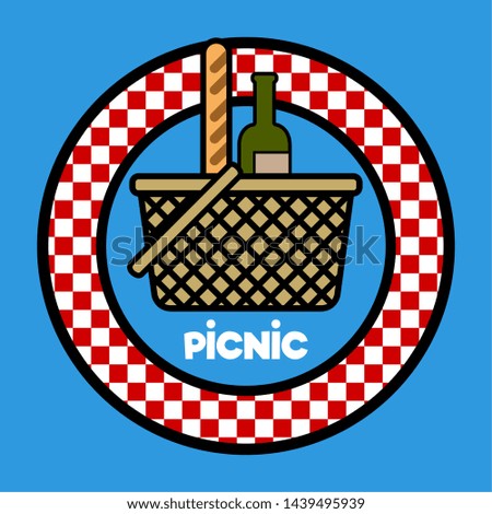 Isolated picnic basket with a bread and a wine bottle on a napkin textured label - Vector