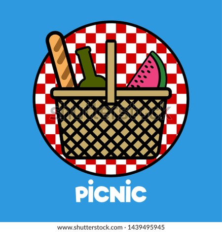 Isolated picnic basket with a bread, a watermelon and a wine bottle on a textured traditional picnic label - Vector