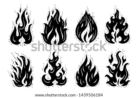 Fire Flames Icons Vector Set. Hand Drawn Doodle Sketch Fire Flame Tattoo Silhouettes Black and White Drawing