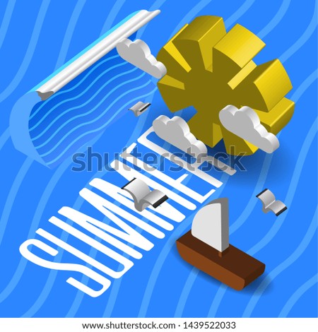 3d ocean view with a sun and a ship - Vector