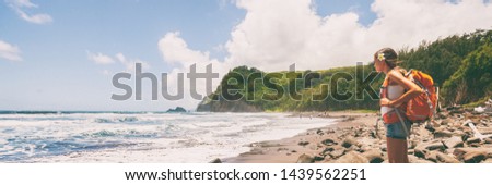 Travel hike woman tourist hiker with backpack on beach banner panorama.