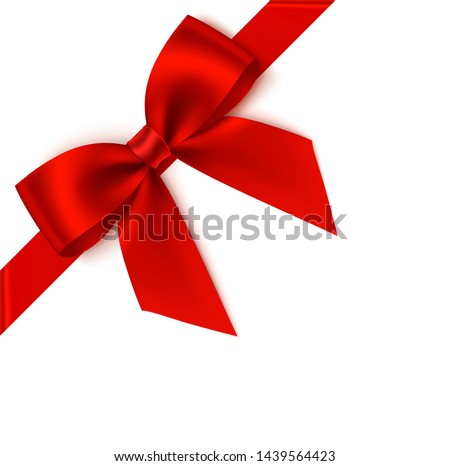 Decorative red bow with diagonally ribbon on the corner. Vector bow for page decor