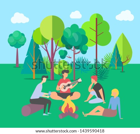 Friends spending time vector, summer vacation together in park camping near campfire, people playing guitar outdoor activity, summertime by bonfire