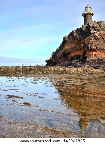 Water reflections over the puddles of lighthouse and cliff, tip of Jandia, coast of Fuerteventura island