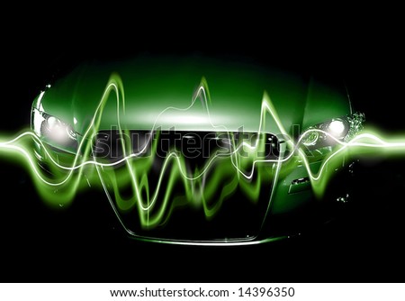 Abstract Background: modern car in shadows with electric waves