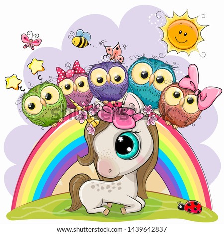 Cute Cartoon Unicorn and Five Cute Owls is sitting on a rainbow