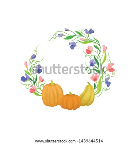 Round frame with a gap at the top of the climbing stems with pumpkins. Vector illustration on white background.