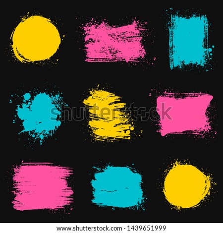 Paint brush stains, strokes, splatters and blots of different shapes and colors for frame, banner, label, text box or other art design. Colorful grunge vector textures isolated on black backgrounds.