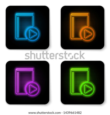 Glowing neon Audio book icon isolated on white background. Play button and book. Audio guide sign. Online learning concept. Black square button. Vector Illustration