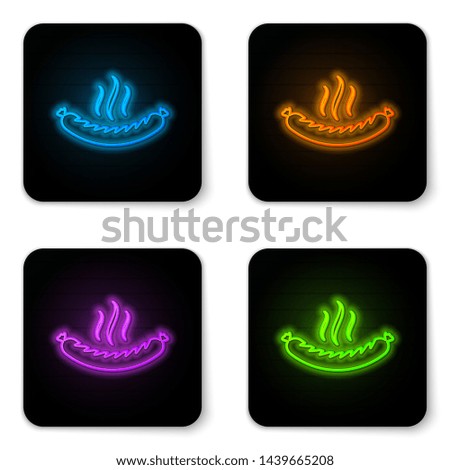 Glowing neon Sausage with steam icon isolated on white background. Grilled sausage and aroma sign. Black square button. Vector Illustration