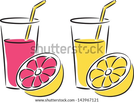 Glass of pink and yellow grapefruit juice and half of grapefruit