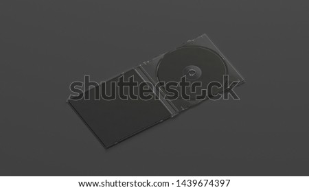 Blank black compact disk case mock up opened, side view, isolated, 3d rendering. Empty dark blu-ray disc with movie mockup. Clear writable cd-rom in pack for backup software template.