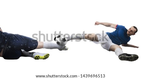 Football scene with competing football players at the stadium. Isolated on white background