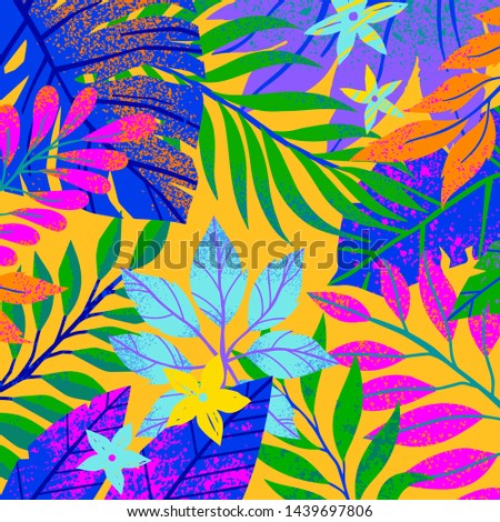 Universal vector illustration with tropical leaves,flowers and elements.Multicolor plants with hand drawn texture.Artistic background perfect for web,prints,flyers,banners,invitations,social media.