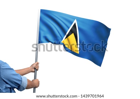 Young man holding Saint Lucia Flag in White Background, Flag of Saint Lucia.