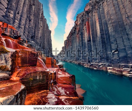 Unbelievable summer view of Studlagil Canyon. Fantastic morning landscape of Jokulsa A Bru river. Spectacular outdoor scene of Iceland, Europe. Beauty of nature concept background.
 Royalty-Free Stock Photo #1439706560