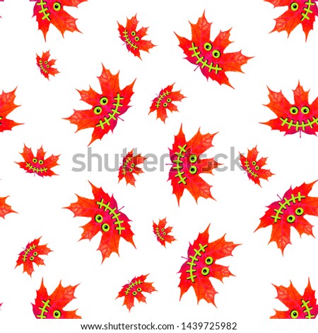 seamless pattern of maple leaves with Halloween faces. isolated on white background