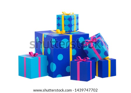 Composition with six colorful paper gift boxes. Gift presents. Isolated on a white background.