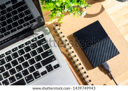 External Hard Disk on notebook with Laptop Keyboard with a pencil and flower pot tree on wooden background,Top view office table.