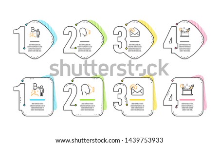 Receive mail, Bitcoin project and Face id icons simple set. Creativity concept sign. Incoming message, Cryptocurrency startup, Identification system. Graphic art. Business set. Infographic timeline