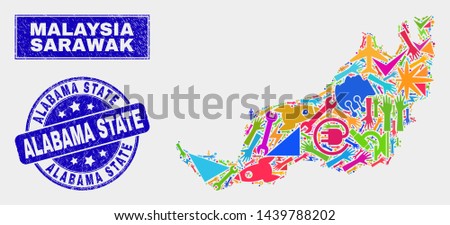 Mosaic technology Sarawak State map and Alabama State seal stamp. Sarawak State map collage constructed with random bright tools, palms, production elements.