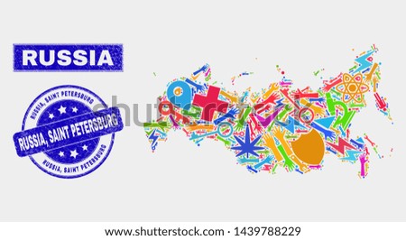 Mosaic tools Russia map and Russia, Saint Petersburg seal stamp. Russia map collage created with random bright tools, palms, service elements. Blue rounded Russia,