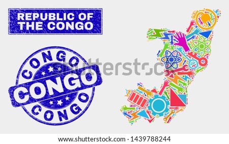 Mosaic service Republic of the Congo map and Congo seal. Republic of the Congo map collage made with randomized colorful tools, hands, security symbols. Blue rounded Congo seal with dirty texture.