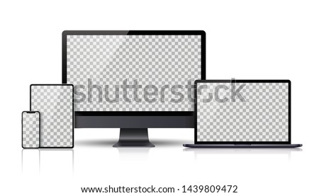 Realistic set of Monitor, laptop, tablet, smartphone dark grey color - Stock Vector. Royalty-Free Stock Photo #1439809472