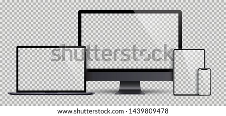 Realistic set of Monitor, laptop, tablet, smartphone dark grey color - Stock Vector. Royalty-Free Stock Photo #1439809478