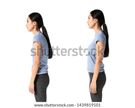 Asian woman with poor and good posture on white background Royalty-Free Stock Photo #1439819501