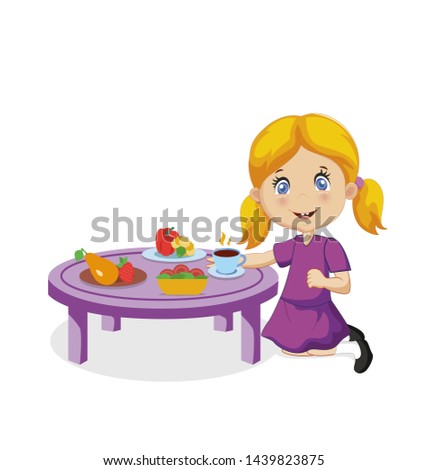 Little Girl Eating. Funny Smiling Cartoon Baby with Blonde Hair and Blue Eyes 