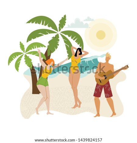 Sand Beach Summer Trip Flat Vector Illustration. Blonde Handsome Guy Playing Guitar, Girlfriends Wearing Swimsuits, Dancing. Exotic Traveling, Tropical Island, Sea Resort. Open Air Party