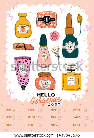 Cute Girl Power skincare wall calendar. 2020 Yearly Planner with all Months. Good Organizer and Schedule. Trendy female illustration - organic cosmetic and motivational quotes. Vector background