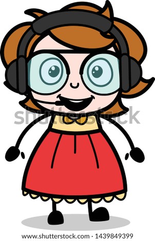 Listening Music with Headphone - Teenager Cartoon Intelligent Girl Vector Illustration