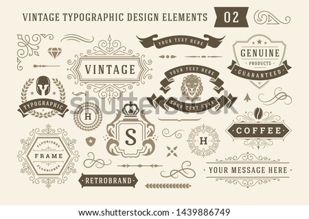 Vintage typographic design elements set vector illustration. Labels and badges, retro ribbons, luxury ornate logo symbols, calligraphic swirls, flourishes ornament vignettes and other.