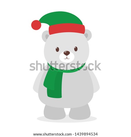 Cute christmas olar bear standing with green scarf and elf hat. December holiday celebration. Funny animal. Flat illustration