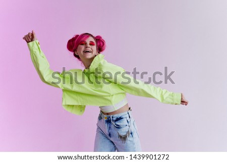 joyful woman with pink hair retro eighties style