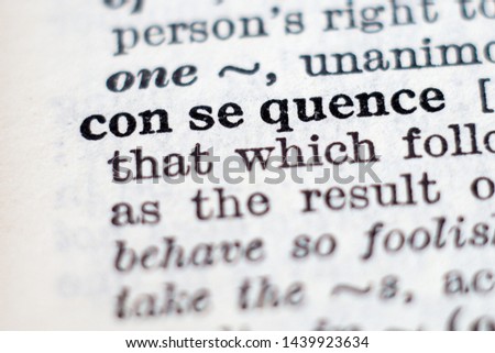 Dictionary definition of word consequence, selective focus. Royalty-Free Stock Photo #1439923634