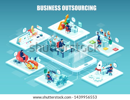 Global outsourcing, distributed team, freelance job.concept. Vector of company employee working in different offices managed remotely by a leader.  Royalty-Free Stock Photo #1439956553