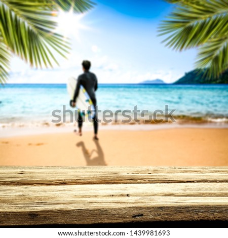 Desk of free space and summer landscape of beach with sea 
