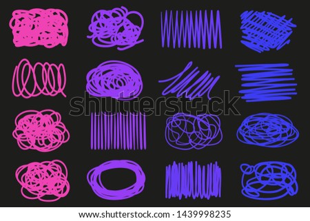 Colorful hatching lines on isolated black background. Abstract chaotic samples. Wavy backdrops. Hand drawn tangled patterns. Elements for your design