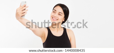 beautiful happy girl make selfie isolated on white - woman make selfie isolated