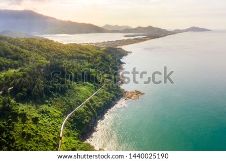 Aerial view of train and railway on Hai Van pass, Bach Ma mountain, Hue, Vietnam
