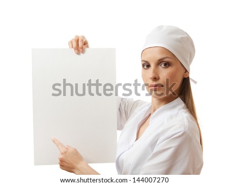 woman nurse or doctor  showing blank sign board.